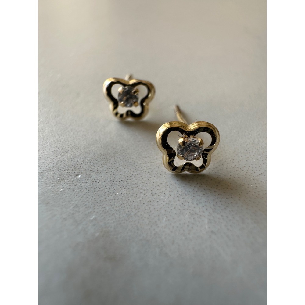 14K Yellow Gold Butterfly Cubic Zirconia Screw Back Stud Earrings 0.34g Total